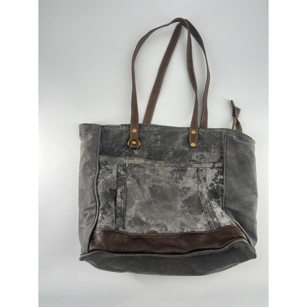 Myra Upcycled Canvas and Cowhide Weekender Leather Shoulder Bag Purse Tote